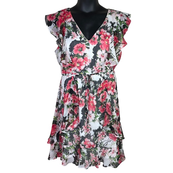 Tommy Hilfiger Dresses & Skirts - Tommy Hilfiger Floral Fit & Flare Flowy Dress Ruffles White Coral Green Size 16